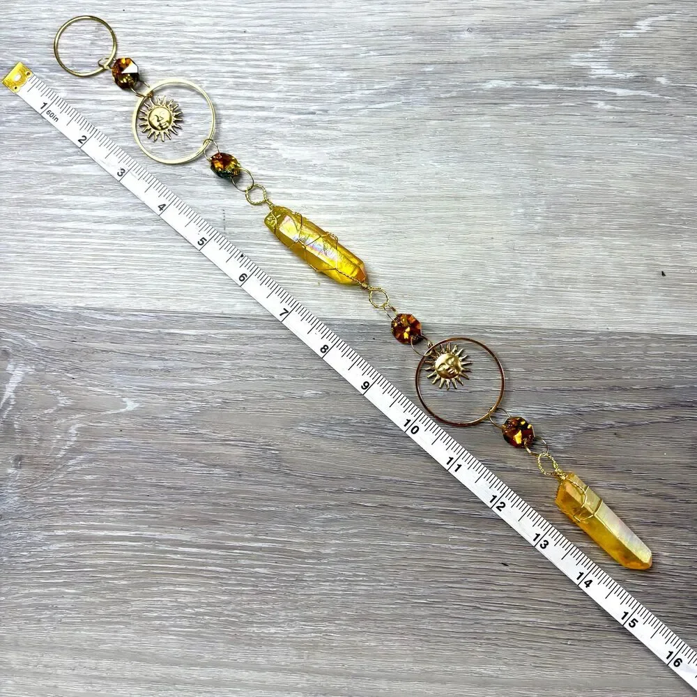 Yellow Aura Quartz Wall Hanging Gold Sun face Circle Frame  Amber Crystal Beads